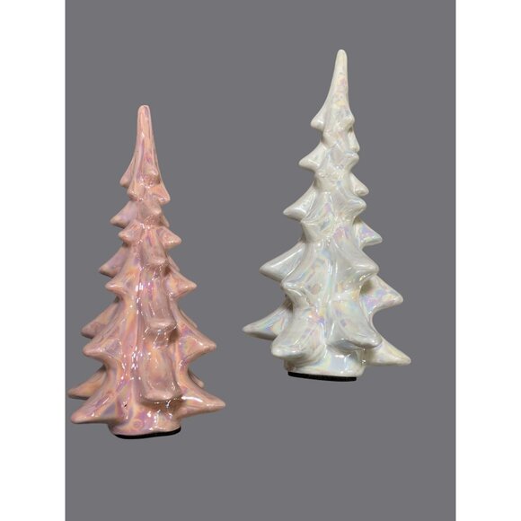 Iridescent Ceramic Christmas Trees Pink & White Modern Holiday Decor - Picture 1 of 11